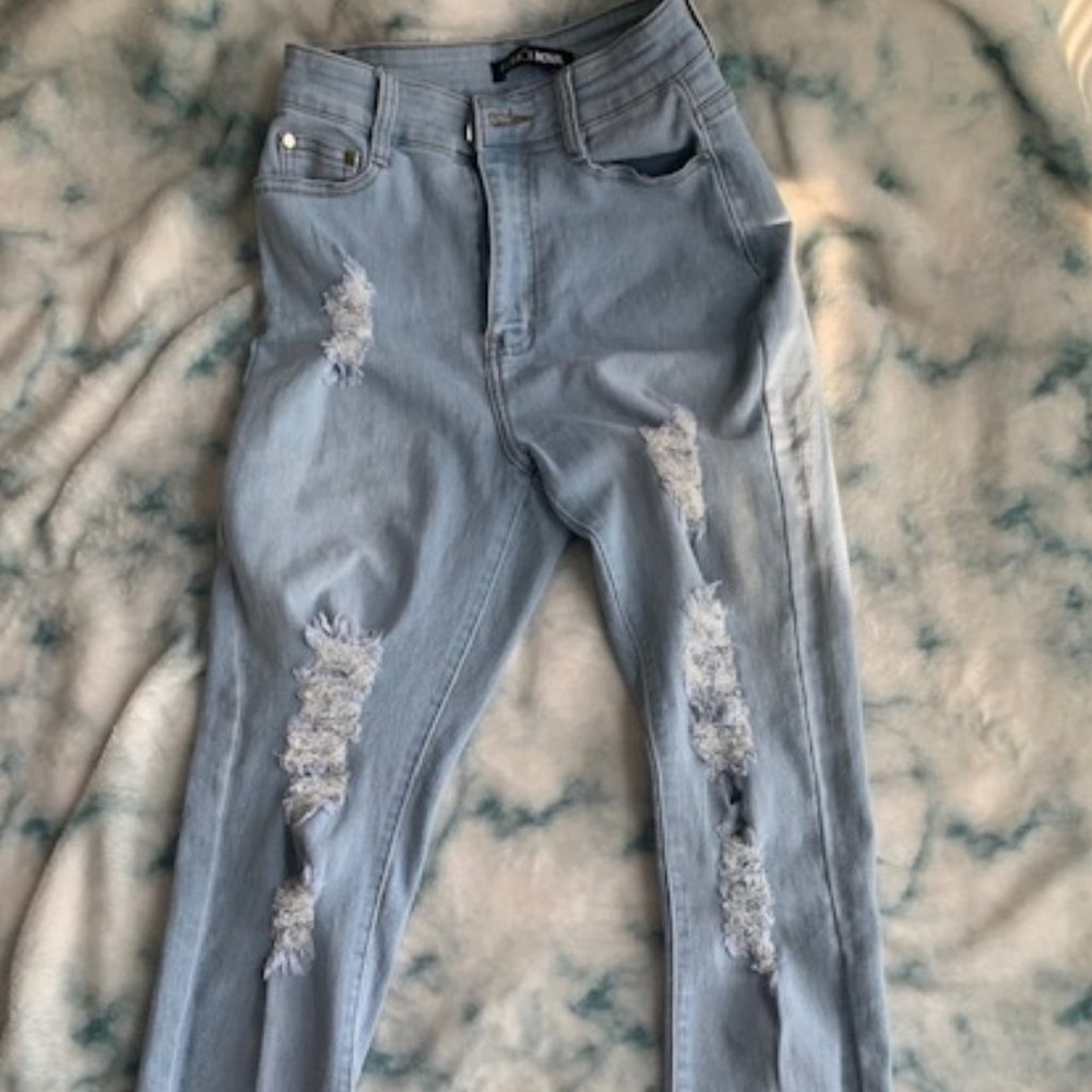 Fashion Nova light wash, distressed  jeans